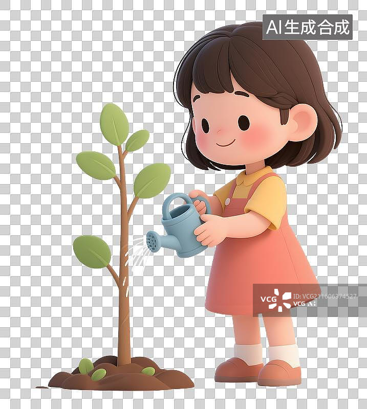 【AI数字艺术】AIGC:3D植树节给小树苗浇水的小女孩，植树节，设计元素，免抠图形图片素材
