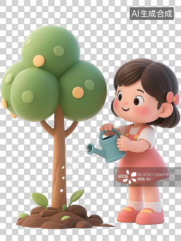 【AI数字艺术】AIGC:3D植树节给小树苗浇水的小女孩，植树节，设计元素，免抠图形图片素材