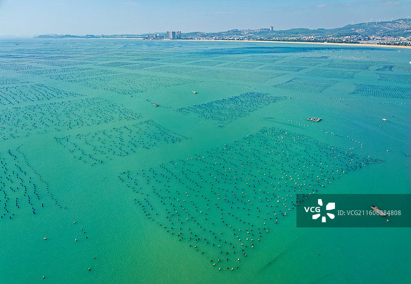航拍附件海边渔船筏式养殖渔民大海风光图片素材