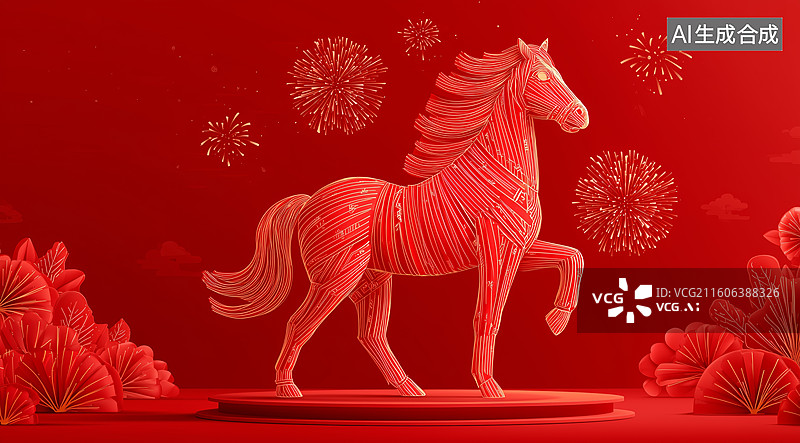 【AI数字艺术】红底金纹马雕塑图片素材