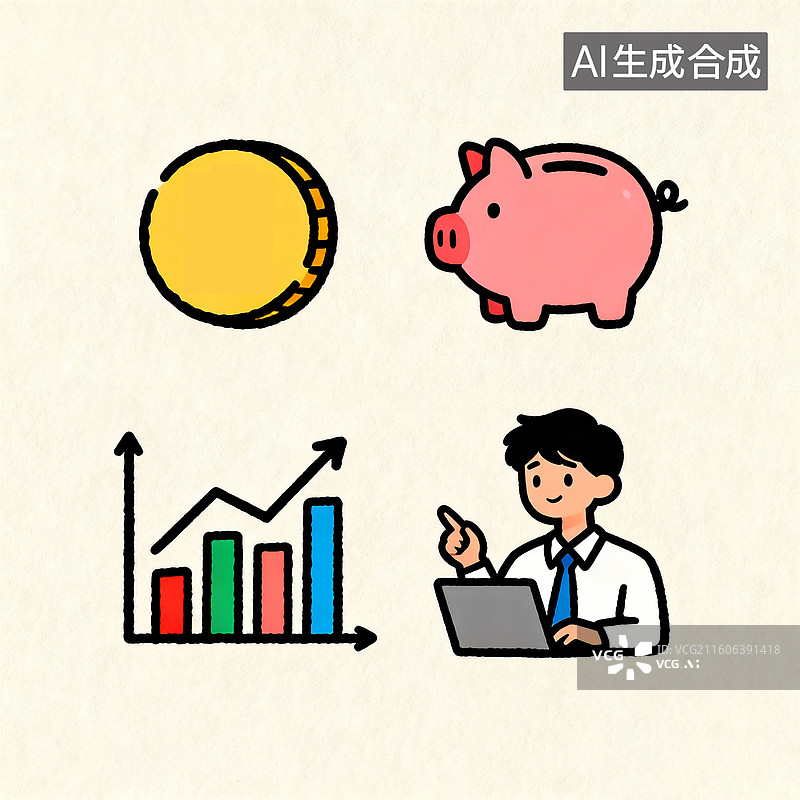 【AI数字艺术】手绘可爱漫画风财富与人物插画图片素材