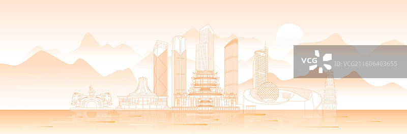 南宁城市建筑现代科技橙色线稿矢量插画图片素材