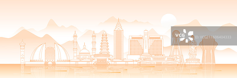 乌鲁木齐城市建筑现代科技橙色线稿矢量插画图片素材