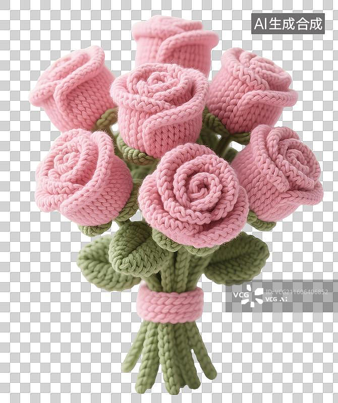 【AI数字艺术】AIGC：毛线风格粉色玫瑰花花束，情人节，七夕节，装饰，元素，免抠图形图片素材
