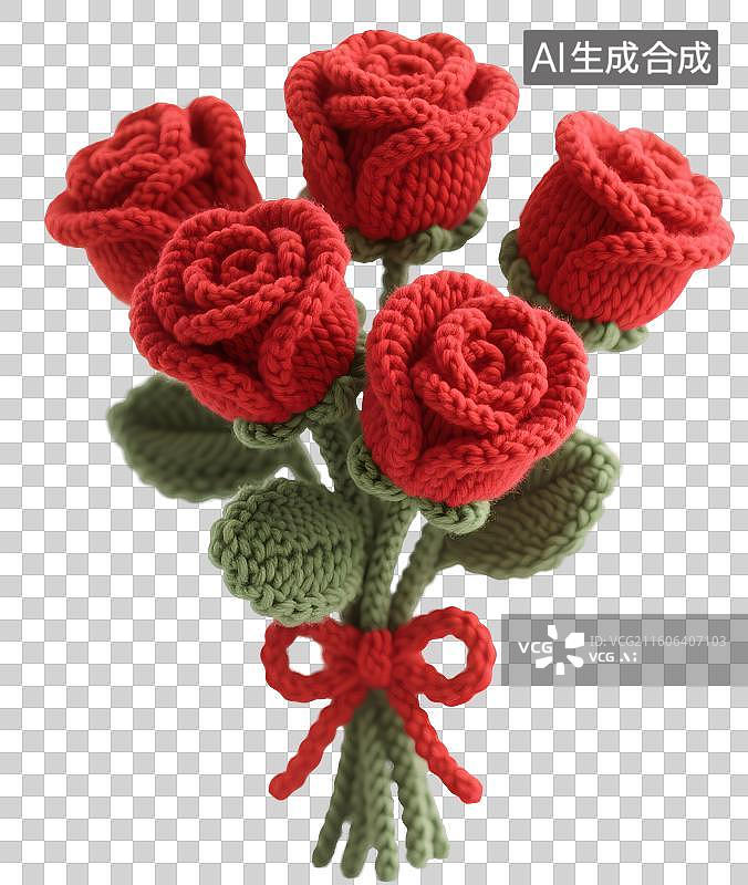 【AI数字艺术】AIGC:毛线风格红色玫瑰花花束，情人节，七夕节，装饰，元素，免抠图形图片素材