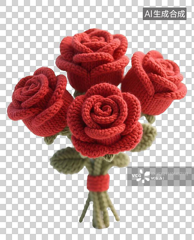 【AI数字艺术】AIGC:毛线风格红色玫瑰花花束，情人节，七夕节，装饰，元素，免抠图形图片素材
