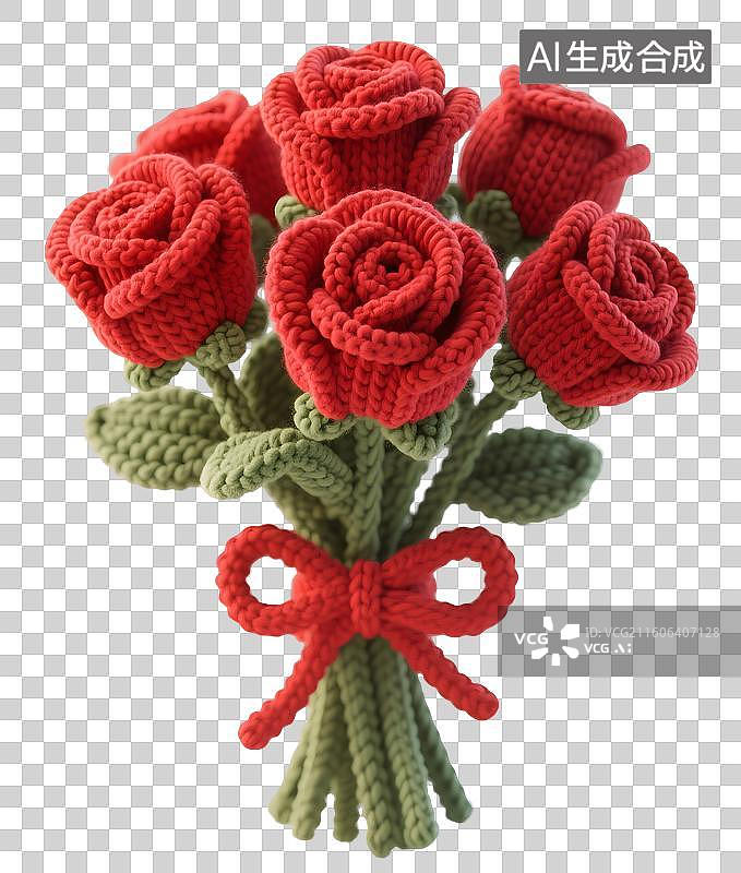 【AI数字艺术】AIGC:毛线风格红色玫瑰花花束，情人节，七夕节，装饰，元素，免抠图形图片素材