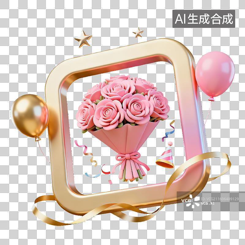 【AI数字艺术】3d粘土特殊纪念日生日玫瑰花边框专题元素图片素材