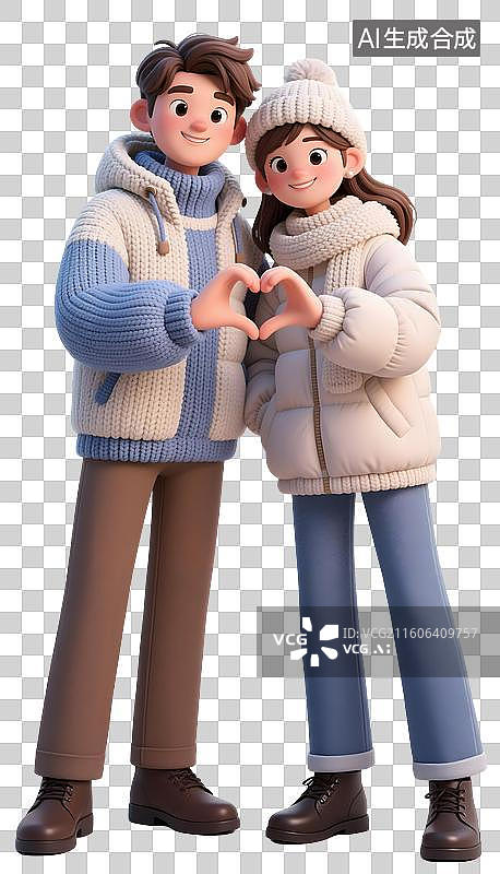 【AI数字艺术】AIGC：3D青年情侣做手势比爱心，情人节冬季穿搭，装饰，设计元素，免抠图形图片素材