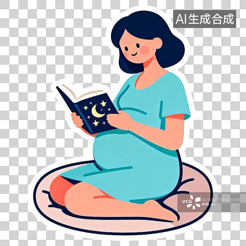 【AI数字艺术】2D贴纸插画风格母婴亲子系列元素胎教孕妇看书图片素材