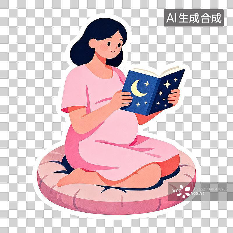 【AI数字艺术】2D贴纸插画风格母婴亲子系列元素胎教孕妇看书图片素材