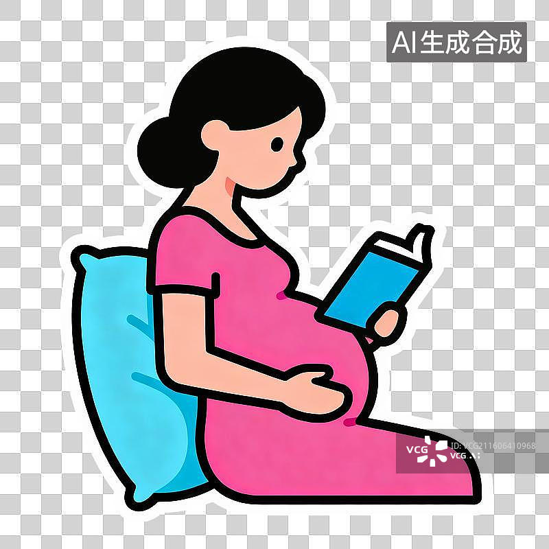 【AI数字艺术】2D贴纸插画风格母婴亲子系列元素胎教孕妇看书图片素材