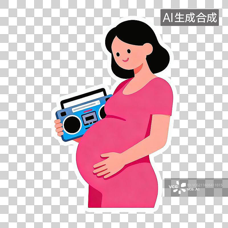 【AI数字艺术】2D贴纸插画风格母婴亲子系列元素胎教孕妇听音乐图片素材