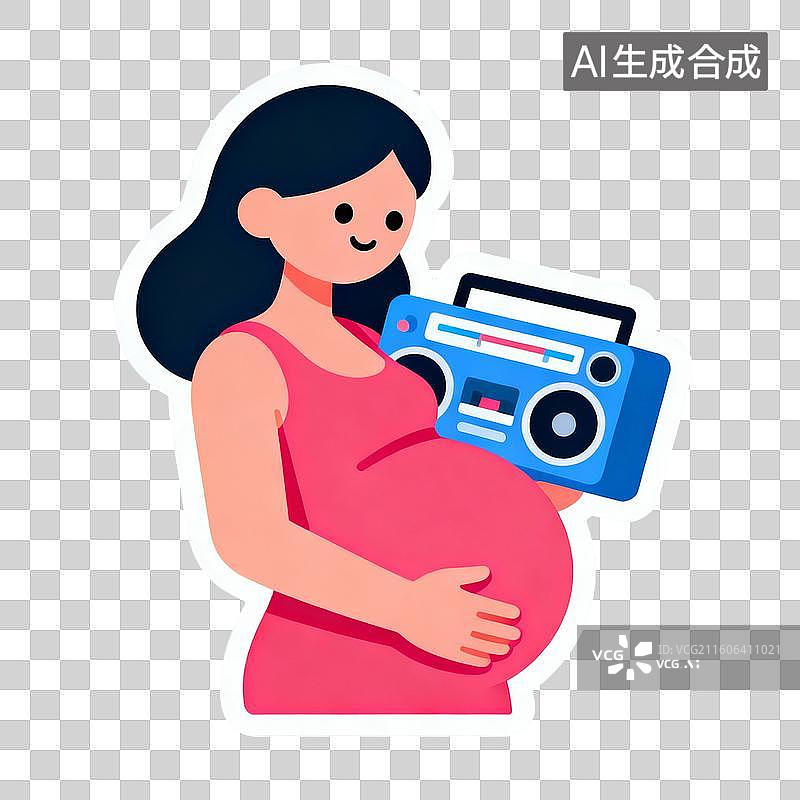 【AI数字艺术】2D贴纸插画风格母婴亲子系列元素胎教孕妇听音乐图片素材