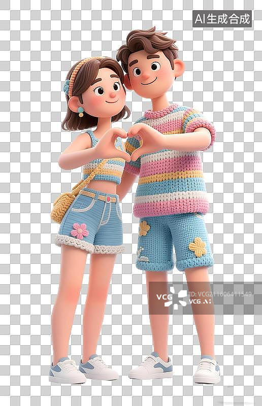 【AI数字艺术】AIGC:3D卡通针织风格，时尚情侣做手势比心，七夕节，设计元素，免抠图形图片素材
