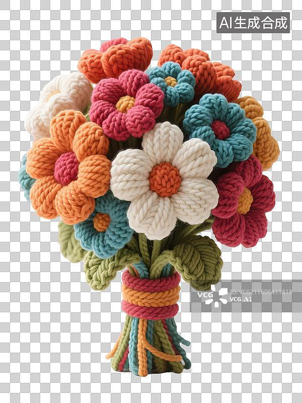 【AI数字艺术】AIGC:毛线风格鲜花花束，节日装饰元素，免抠图形图片素材