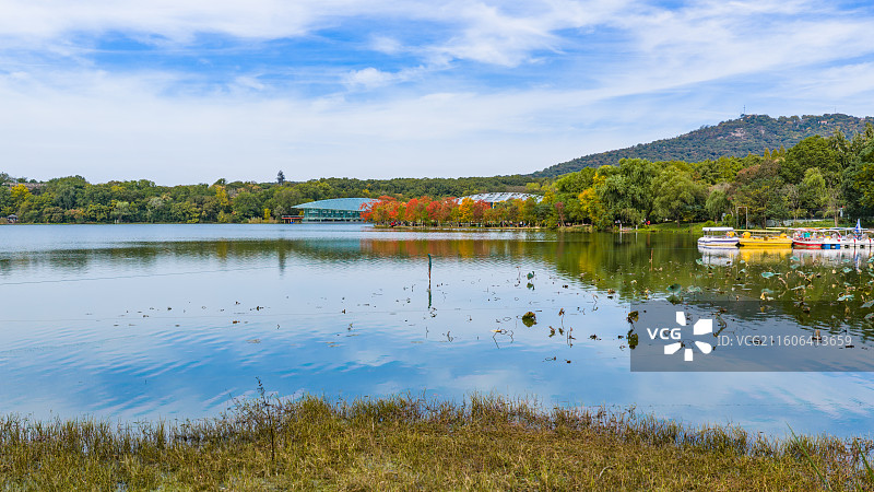 南京前湖月牙堤秋色紫金山秋天风景图片素材