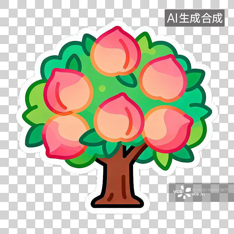 【AI数字艺术】2D贴纸插画风格生日主题元素蟠桃树图片素材