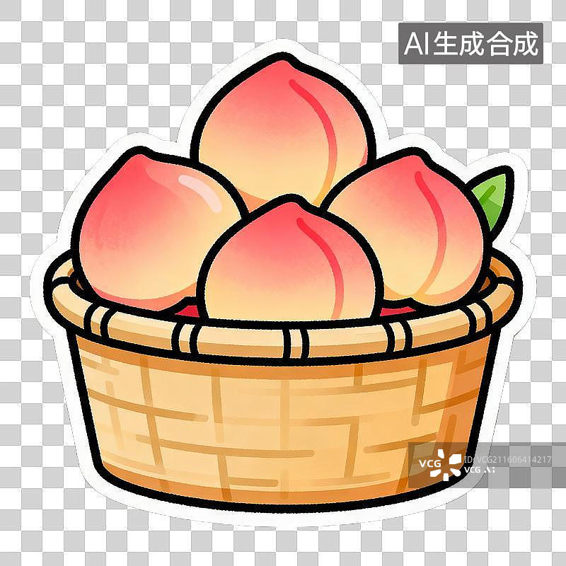 【AI数字艺术】2D贴纸插画风格生日主题元素竹篮蟠桃图片素材