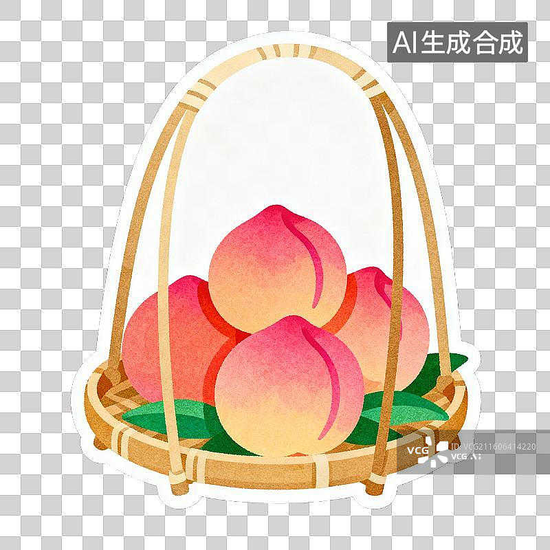 【AI数字艺术】2D贴纸插画风格生日主题元素竹篮蟠桃图片素材