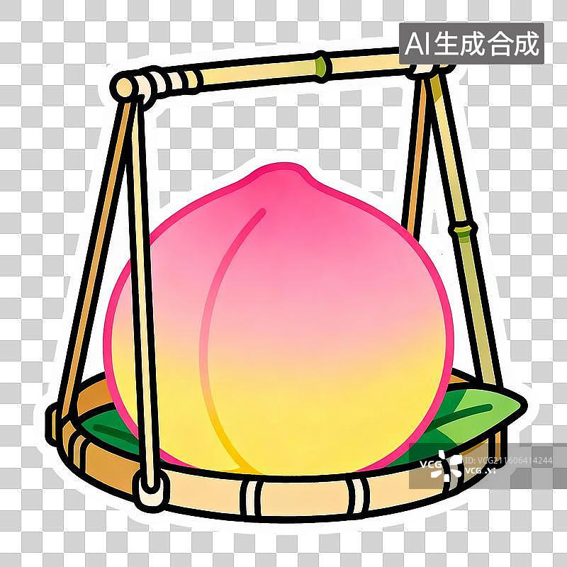 【AI数字艺术】2D贴纸插画风格生日主题元素竹篮蟠桃图片素材