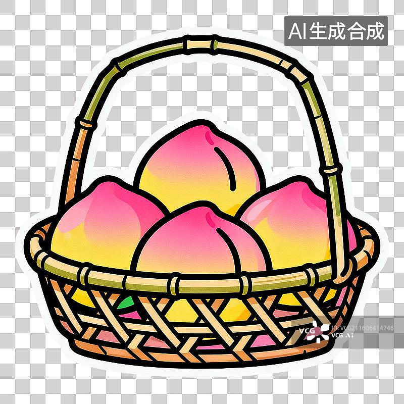 【AI数字艺术】2D贴纸插画风格生日主题元素竹篮蟠桃图片素材