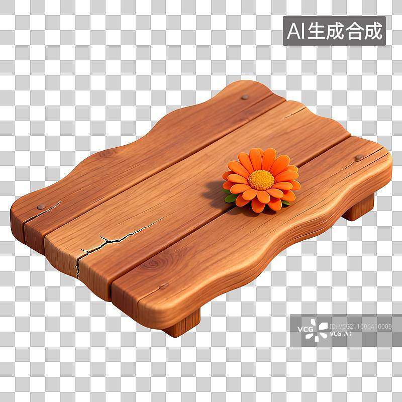 【AI数字艺术】带有橙色花朵的木质小垫板图片素材