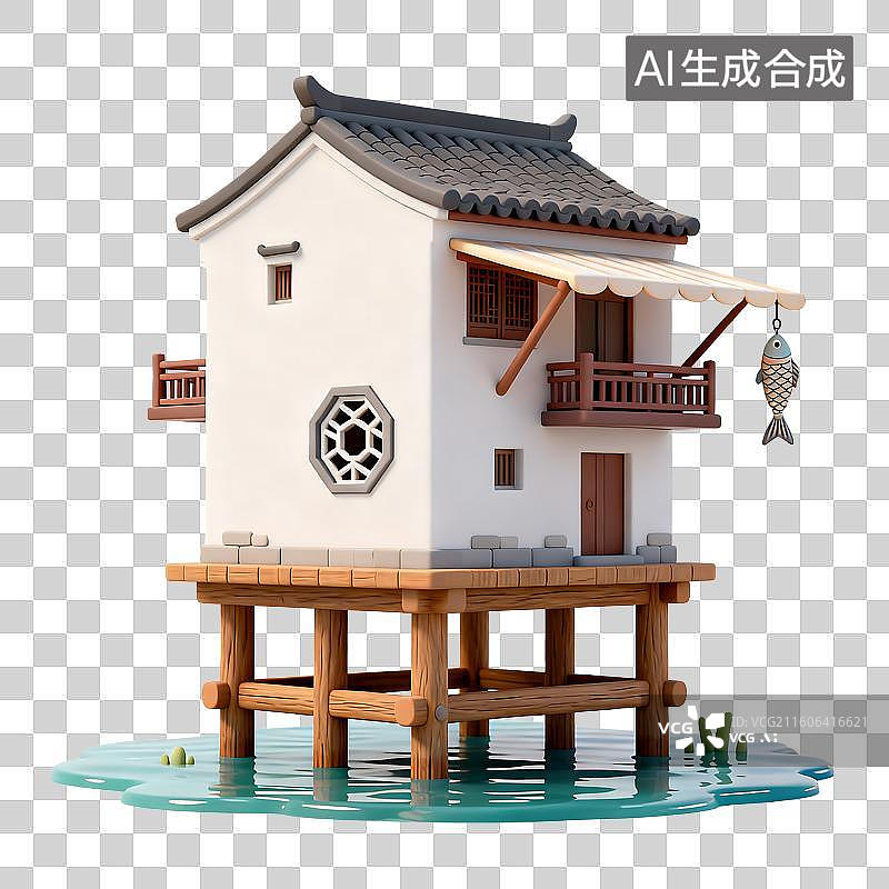 【AI数字艺术】水边的传统中式小屋图片素材