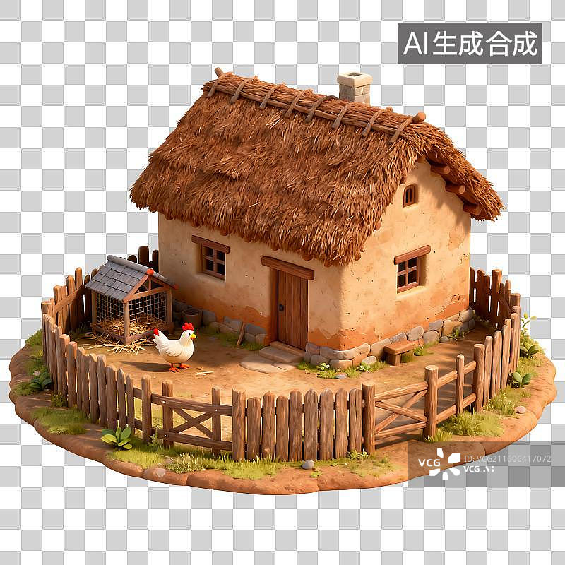 【AI数字艺术】带有鸡和围栏的迷人茅草屋图片素材