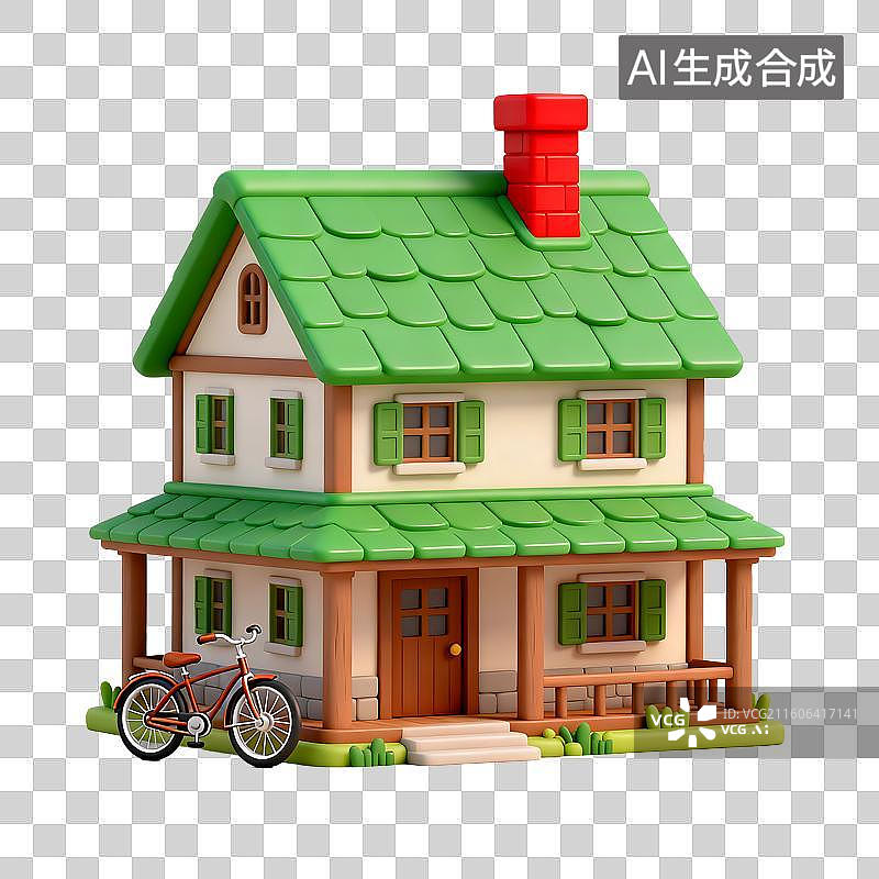 【AI数字艺术】带有绿色屋顶的可爱两层房屋图片素材