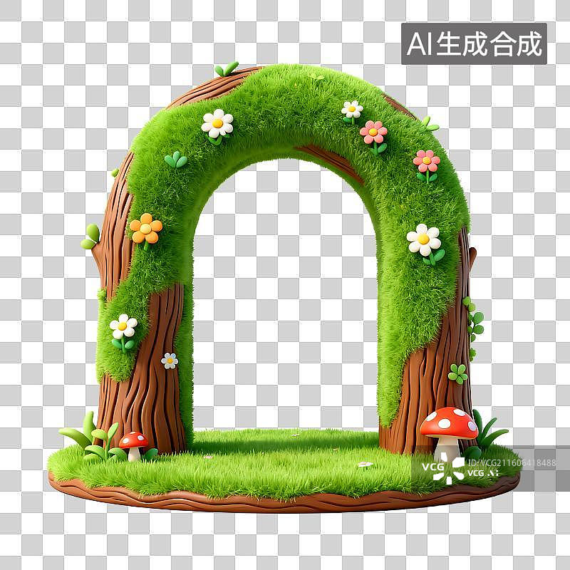 【AI数字艺术】绿色草地装饰花朵蘑菇拱门图片素材
