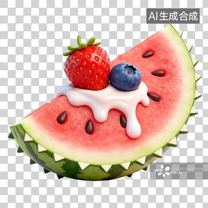 【AI数字艺术】美味西瓜切片配草莓蓝莓图片素材