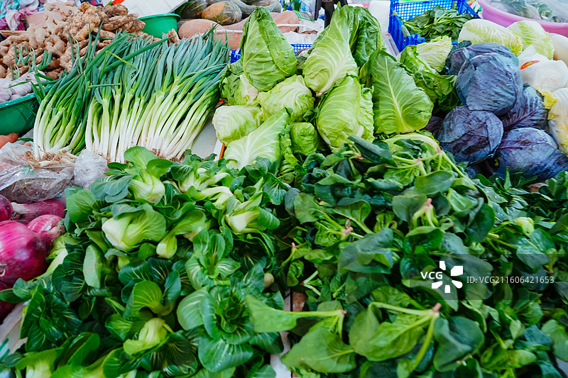 叶菜 叶类蔬菜  菠菜 甘蓝  大葱 青菜  山东省青岛市团岛农贸市场蔬菜摊位图片素材