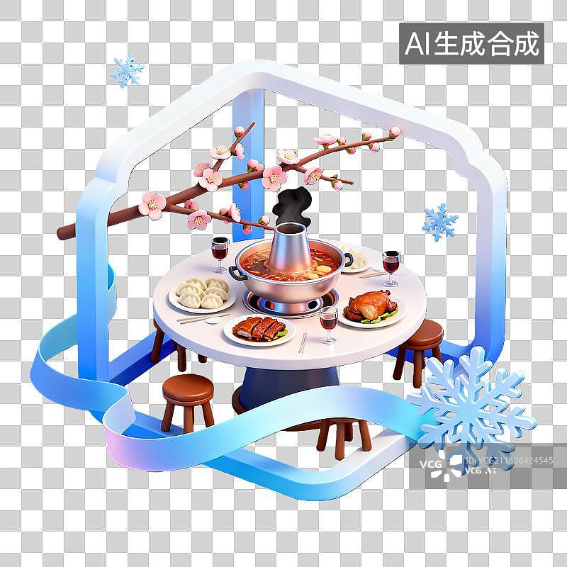 【AI数字艺术】3d卡通二十四节气冬至团圆饭蓝白装饰元素图片素材