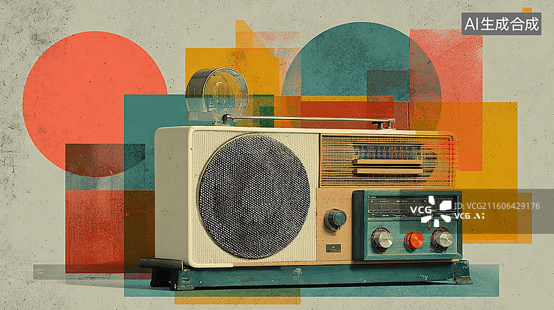 【AI数字艺术】复古收音机与几何色块图片素材