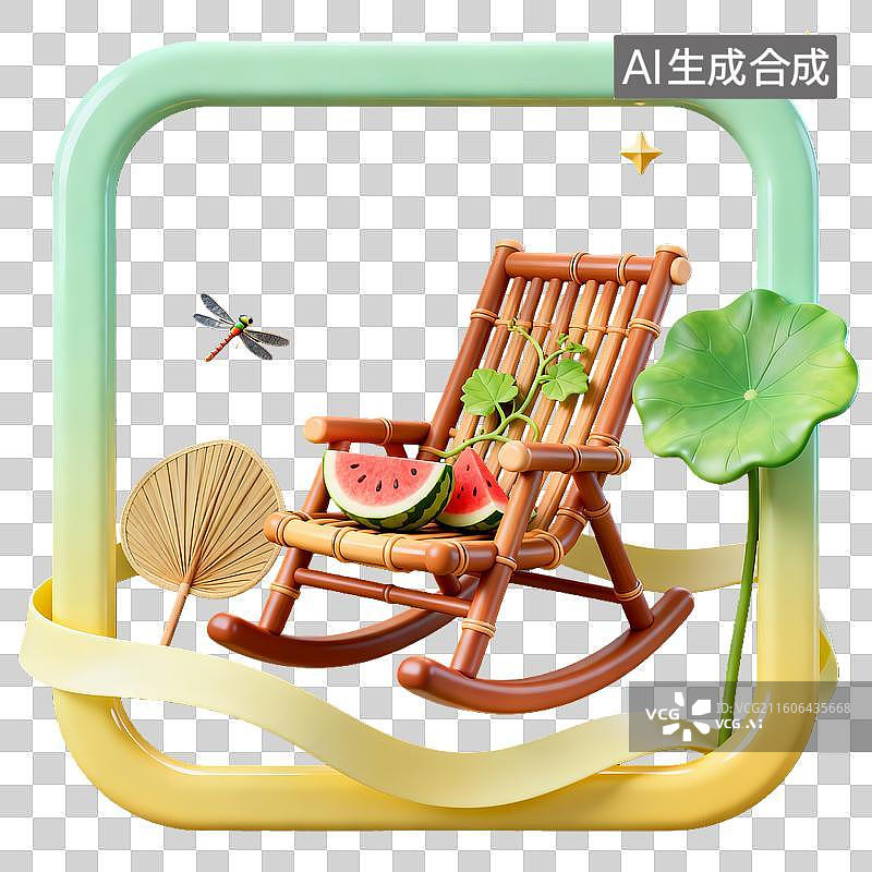 【AI数字艺术】3d卡通粘土二十四节气立夏竹编摇椅装饰边框元素图片素材