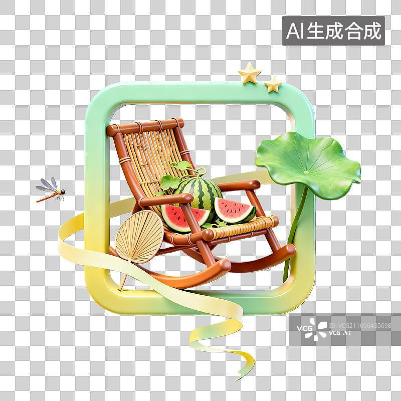 【AI数字艺术】3d卡通粘土二十四节气立夏竹编摇椅装饰边框元素图片素材