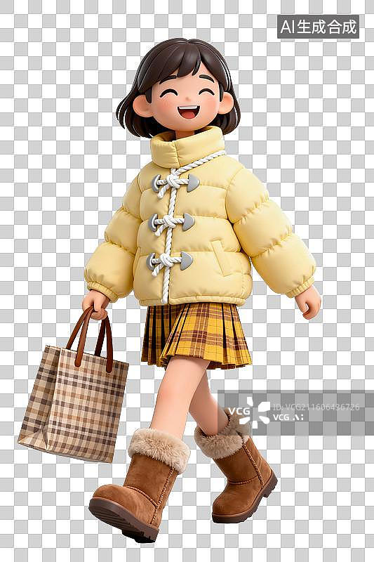 【AI数字艺术】3D黄色羽绒服短裙可爱时尚女子图片素材