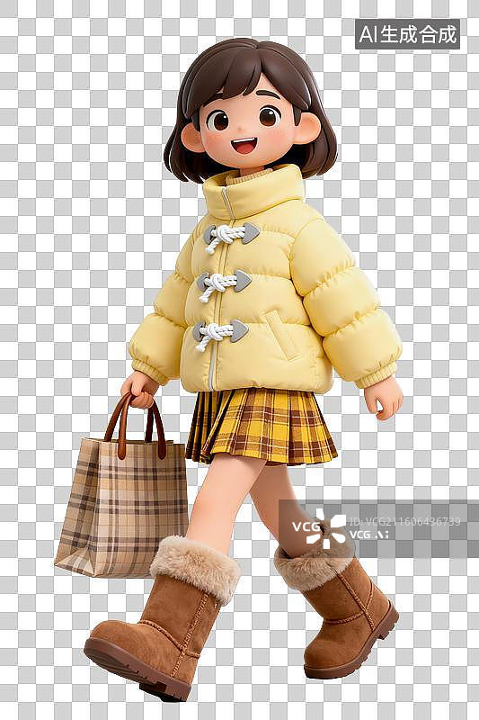 【AI数字艺术】3D黄色羽绒服短裙可爱时尚女子图片素材
