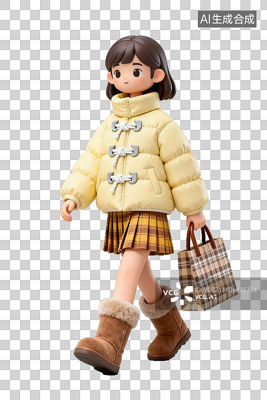 【AI数字艺术】3D黄色羽绒服短裙可爱时尚女子图片素材