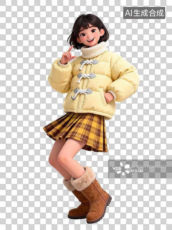 【AI数字艺术】3D黄色羽绒服短裙可爱时尚女子图片素材