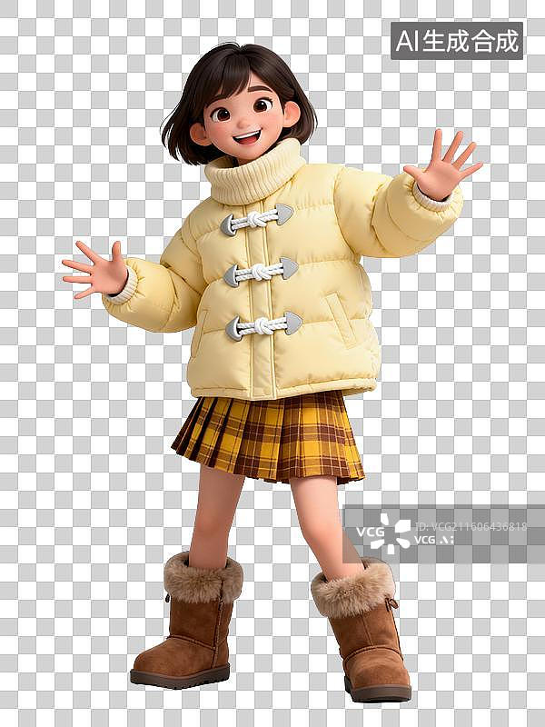 【AI数字艺术】3D黄色羽绒服短裙可爱时尚女子图片素材