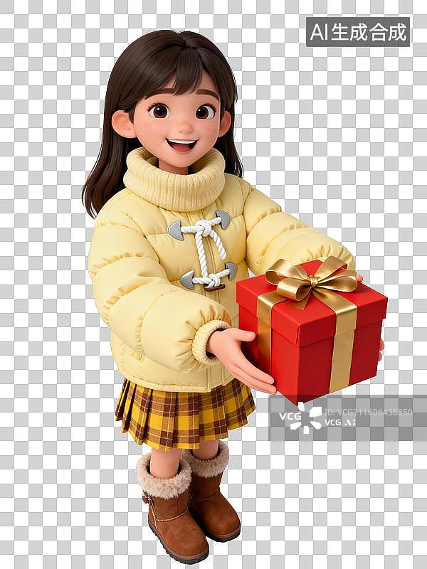 【AI数字艺术】3D黄色羽绒服短裙可爱时尚女子图片素材