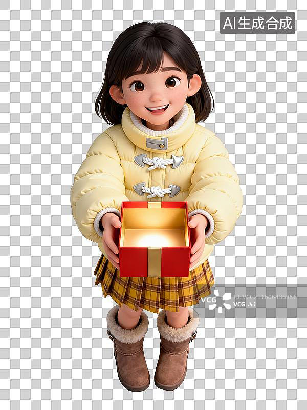 【AI数字艺术】3D黄色羽绒服短裙可爱时尚女子图片素材