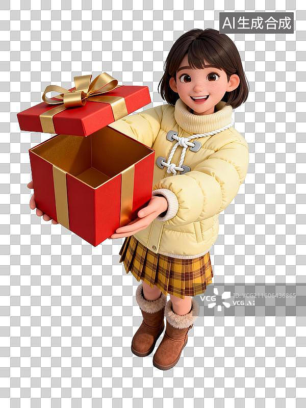 【AI数字艺术】3D黄色羽绒服短裙可爱时尚女子图片素材