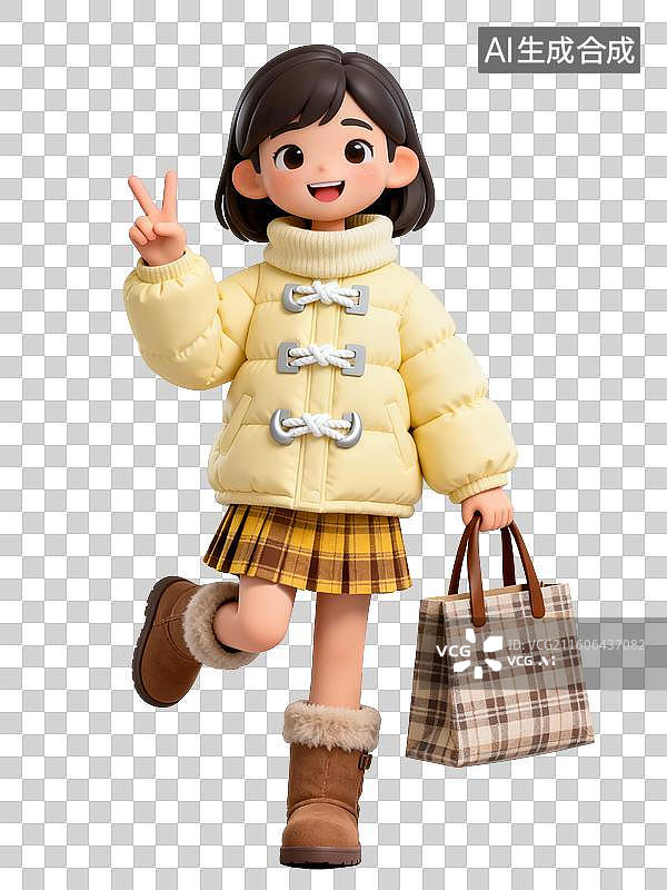 【AI数字艺术】3D黄色羽绒服短裙可爱时尚女子图片素材