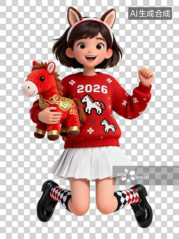 【AI数字艺术】迎接新年的3D红色喜庆服饰可爱时尚女子动作姿势图片素材