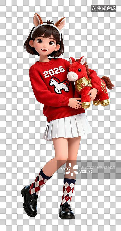 【AI数字艺术】迎接新年的3D红色喜庆服饰可爱时尚女子动作姿势图片素材