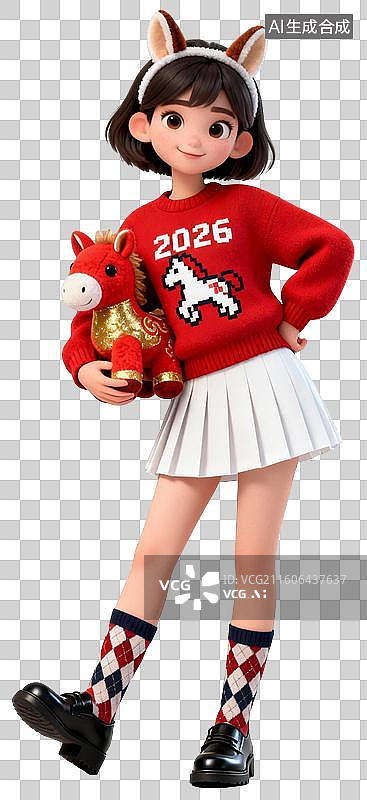 【AI数字艺术】迎接新年的3D红色喜庆服饰可爱时尚女子动作姿势图片素材