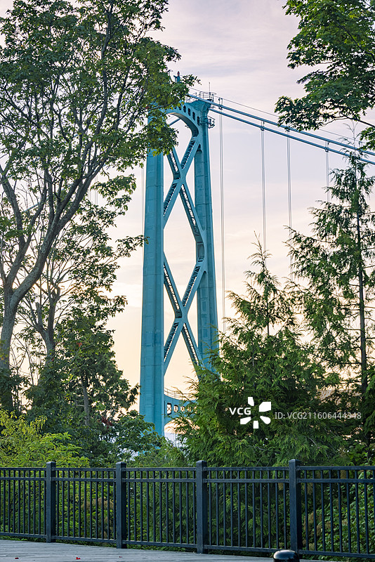 朝霞中的温哥华狮门桥，绿意盎然，与森林背景相映成趣，城市地标尽显。图片素材